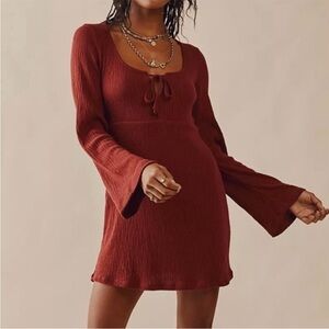 Free People Beach Brynne Mini Dress Fit & Flare Bell Sleeve Rib Knit Garnet
